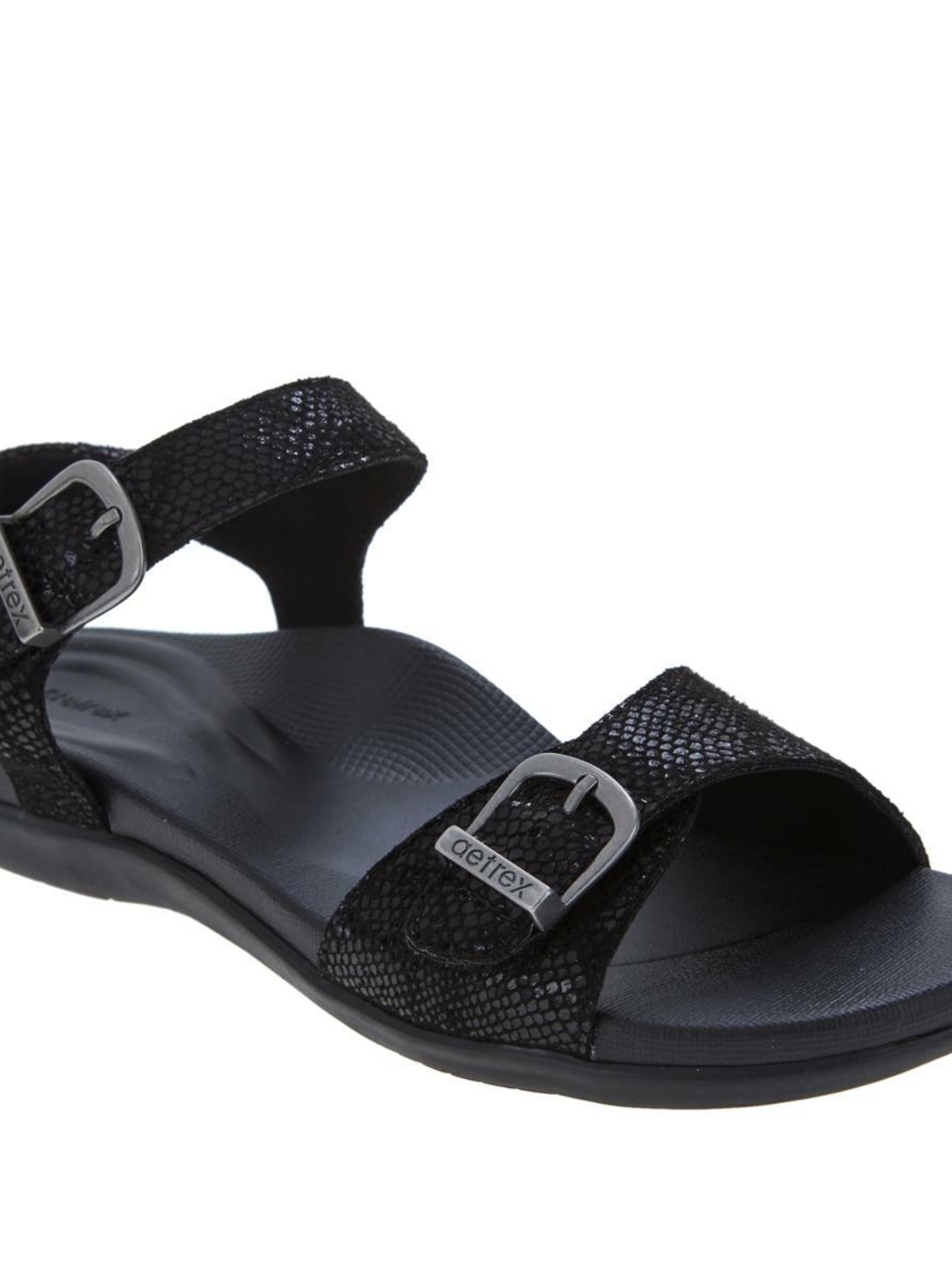Aetrex Women’s Black Textured Double-Strap Sandal Silver Sparkle